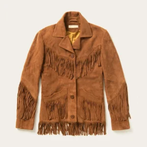 Women’s Brown Lamb Suede Fringe Jacket with Lapel Collar and Button Closure