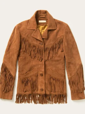Women’s Brown Lamb Suede Fringe Jacket with Lapel Collar and Button Closure