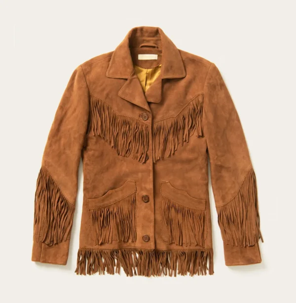 Women’s Brown Lamb Suede Fringe Jacket with Lapel Collar and Button Closure