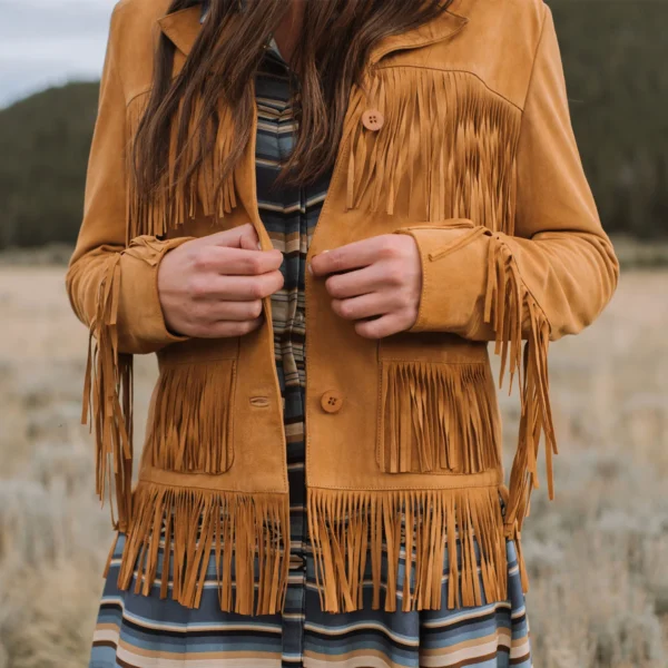 Women’s Brown Lamb Suede Fringe Jacket – Western Style Outerwear - Image 8
