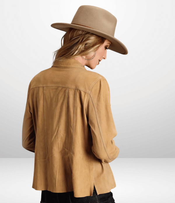 Women's Brown Suede Shirt Jacket with Lapel Collar and Button Closure