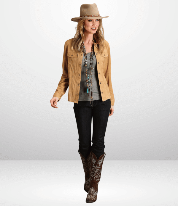 Women's Brown Suede Shirt Jacket - Stylish Leather Denim Outerwear - Image 3