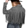 Women’s Grey Cowhide Leather Fringe Jacket – Western Classic Style