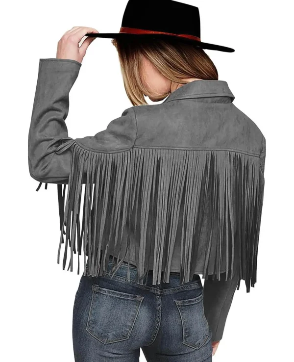 Women’s Grey Cowhide Leather Fringe Jacket – Western Classic Style - Image 2
