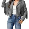 Women’s Grey Cowhide Leather Fringe Jacket – Western Classic Style