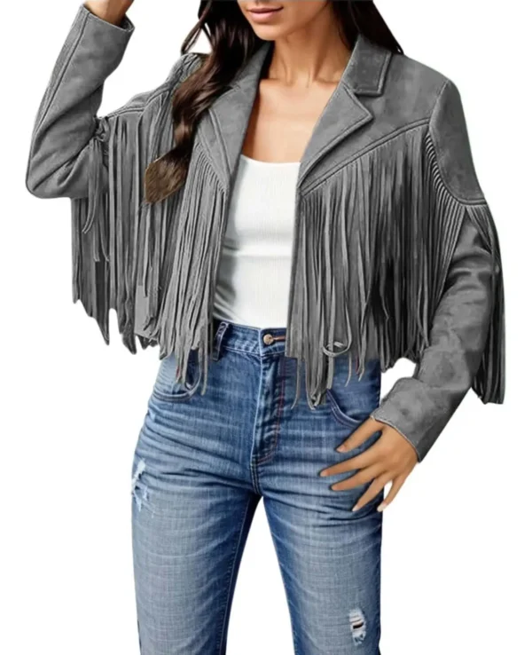 Women’s Grey Cowhide Leather Fringe Jacket – Western Classic Style - Image 3