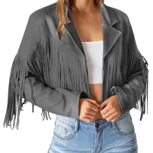 Women’s Grey Cowhide Leather Fringe Jacket with Shirt Collar and Button Cuffs