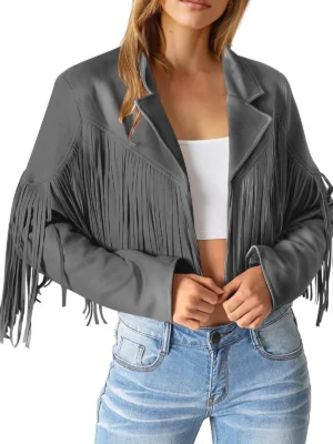 Women’s Grey Cowhide Leather Fringe Jacket with Shirt Collar and Button Cuffs