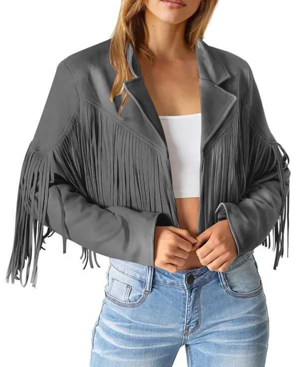Women’s Grey Cowhide Leather Fringe Jacket with Shirt Collar and Button Cuffs