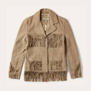 Women’s Light Tan Suede Fringe Jacket with Lapel Collar and Button Closure