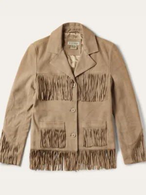 Women’s Light Tan Suede Fringe Jacket – Classic Western Style Women’s Light Tan Suede Fringe Jacket with Lapel Collar and Button Closure