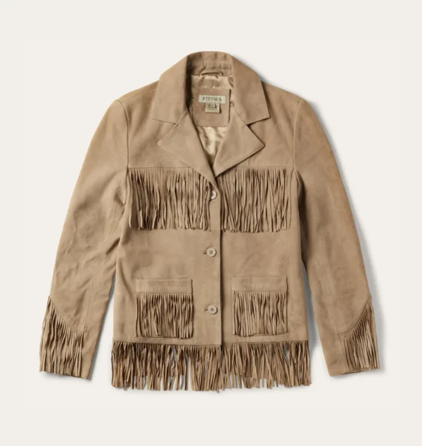 Women’s Light Tan Suede Fringe Jacket with Lapel Collar and Button Closure