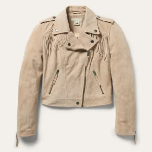 Women’s Tan Suede Moto Fringe Jacket with Lapel Collar and Button Closure