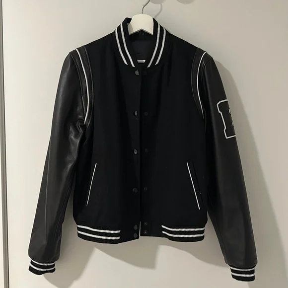 Premium Black Varsity Bomber Leather Jacket with Stripes - Wool & Leather Blend, Full-Length Sleeves, Zipper Closure, Rib-Knitted Collar and Cuffs