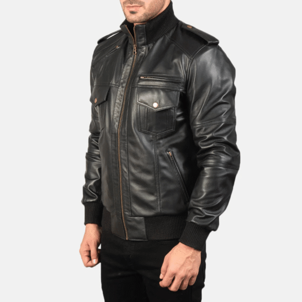 Agent Shadow Black Leather Bomber Jacket - Image 2