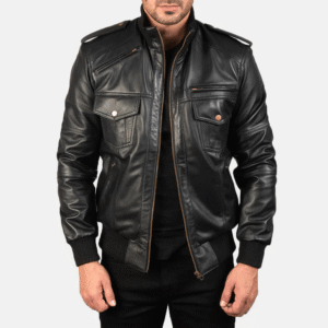Black leather bomber jacket with high neck, rib-knit cuffs, shoulder epaulettes, and multiple pockets.
