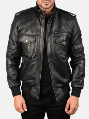 Black leather bomber jacket with high neck, rib-knit cuffs, shoulder epaulettes, and multiple pockets.