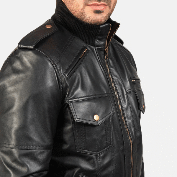 Agent Shadow Black Leather Bomber Jacket - Image 4