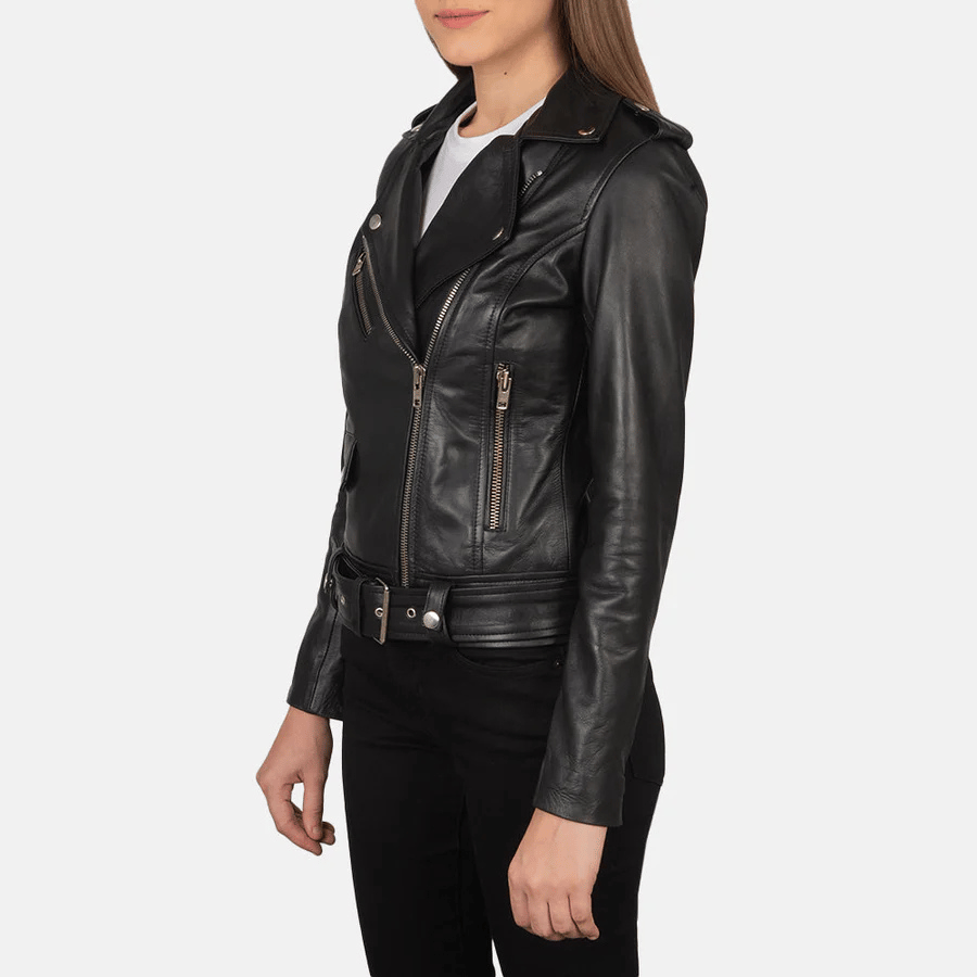Alison Black Leather Biker Jacket - Image 3