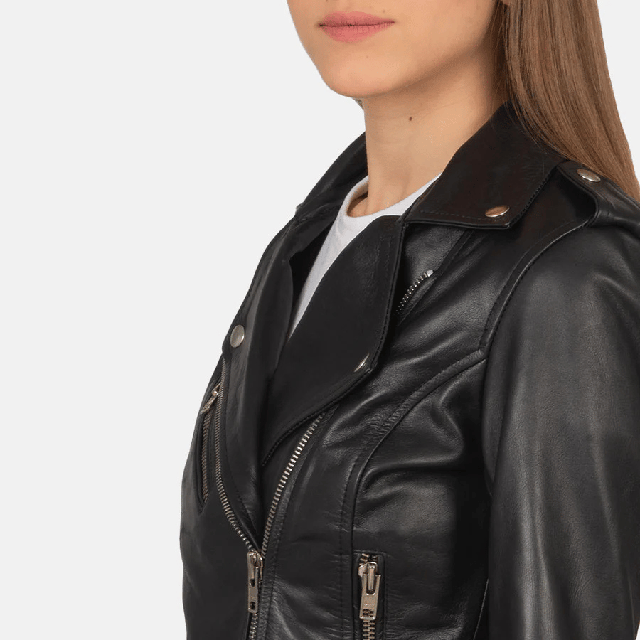 Alison Black Leather Biker Jacket - Image 5