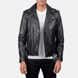 Black leather biker jacket with notch collar, waist belt, and zipper cuffs