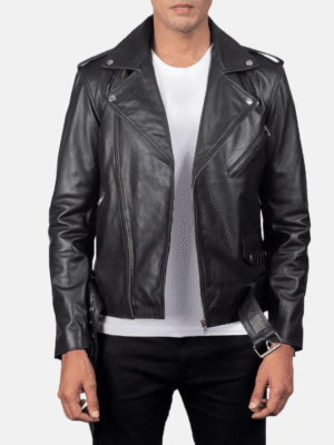 Black leather biker jacket with notch collar, waist belt, and zipper cuffs