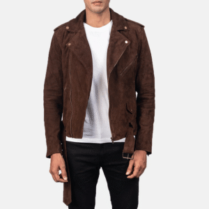 Allaric Alley mocha suede biker jacket in dark brown goatskin leather