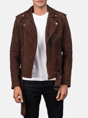 Allaric Alley mocha suede biker jacket in dark brown goatskin leather