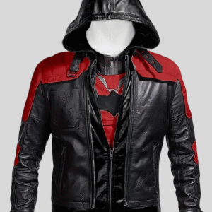 Batman Arkham Knight Leather Jacket in black and red with hooded collar and zippered front