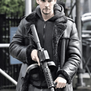 Billie Russo The Punisher black leather fur coat with lapel collar and button closure