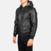 Black Hooded Leather Bomber Jacket (2) Black Hooded Leather Bomber Jacket