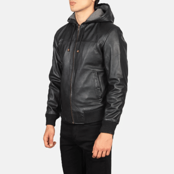 Black Hooded Leather Bomber Jacket - Image 2