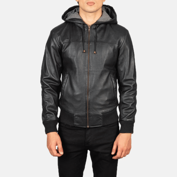Black Hooded Leather Bomber Jacket - Image 3