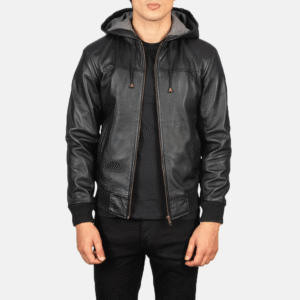 Black Hooded Leather Bomber Jacket for Men with Front Zip and Pockets