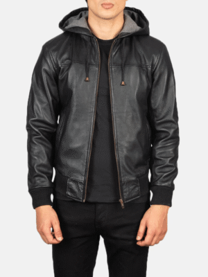 Black Hooded Leather Bomber Jacket for Men with Front Zip and Pockets
