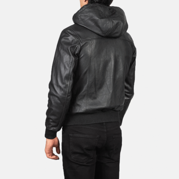 Black Hooded Leather Bomber Jacket - Image 4
