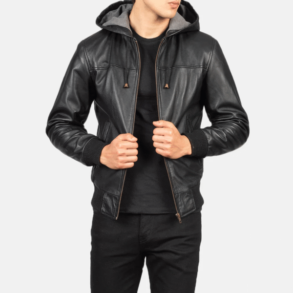 Black Hooded Leather Bomber Jacket - Image 5