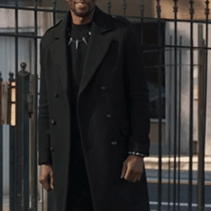 Black Panther T Challa Wool Coat in black with lapel collar and button front