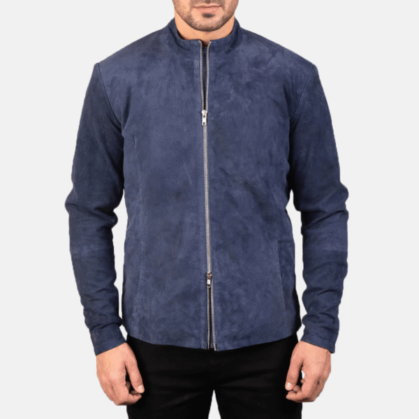 Charcoal Navy Blue Suede Biker Jacket - Image 3