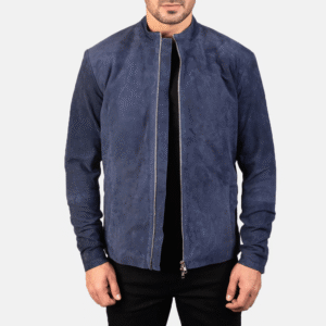 Charcoal navy blue suede biker jacket with mandarin collar and dual zipper puller