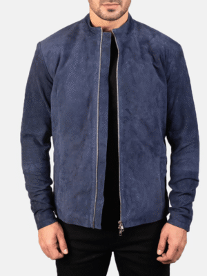 Charcoal navy blue suede biker jacket with mandarin collar and dual zipper puller