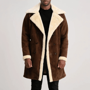 Front view of Charles brown suede leather shearling coat
