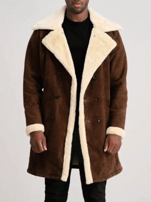 Front view of Charles brown suede leather shearling coat