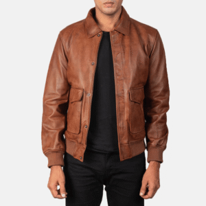 Coffmen A2 Brown Leather Bomber Jacket with button flap and rib-knit cuffs