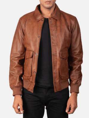 Coffmen A2 Brown Leather Bomber Jacket with button flap and rib-knit cuffs