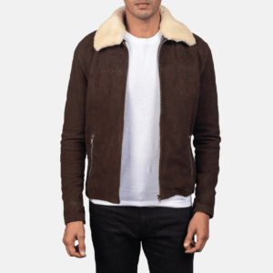 Coffner brown shearling fur jacket made from distressed suede with removable fur collar and faux fur lining