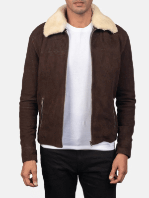 Coffner brown shearling fur jacket made from distressed suede with removable fur collar and faux fur lining