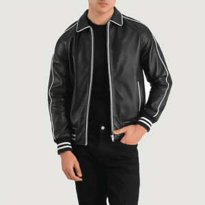 Black leather varsity jacket with shirt collar, raglan sleeves, and quilted lining