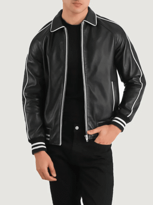 Black leather varsity jacket with shirt collar, raglan sleeves, and quilted lining