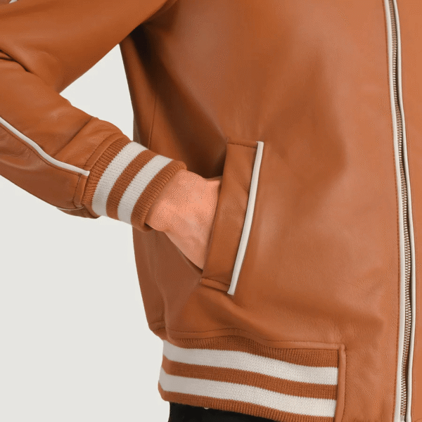 Cooper Tan Brown Leather Varsity Jacket - Image 4